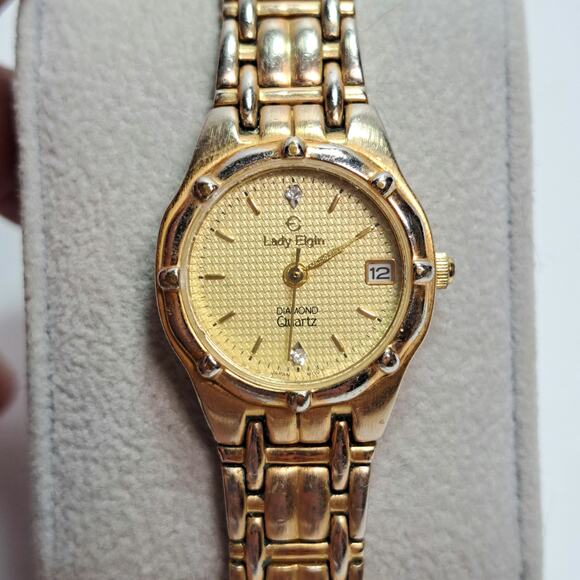 Vintage Lady Elgin Diamond Quartz Watch Gold Tone Metal Round Face Analog 7.5" - Picture 3 of 7